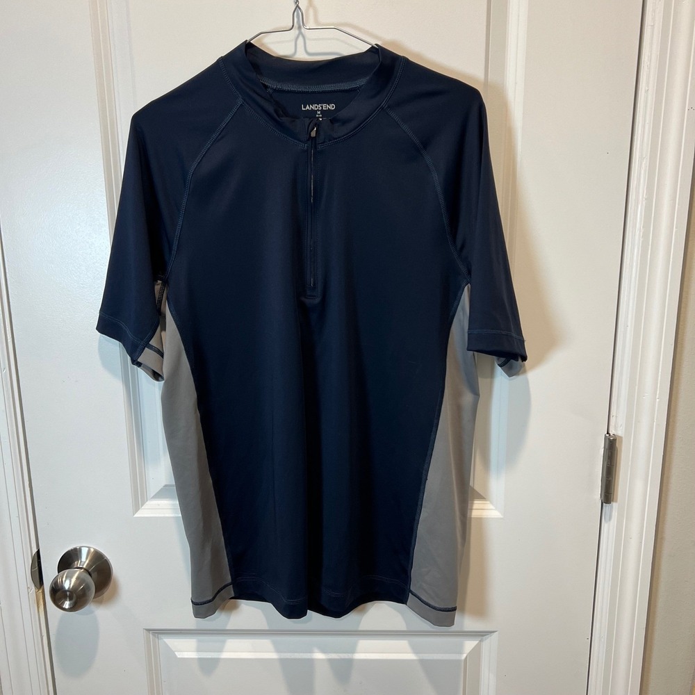 Lands End Short Sleeve Rash Guard Swim Shirt Navy Gray Zip Neck Mens‎ M